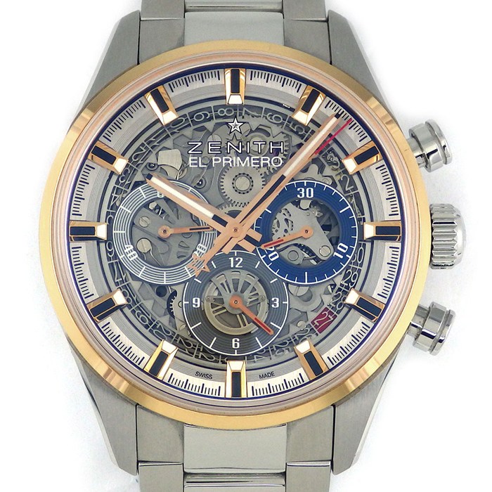 ゼニス ZENITH 腕時計 クロノマスター エルプリメロ フルオープン 51.2151.400/78.C810 スケルトン文字盤/裏スケ デイト クロノグラフ スモールセコンド K18PG SS 自動巻き 【箱・保付き】 【中古】