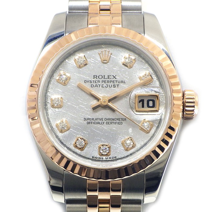 ロレックス Rolex 腕時計 デイトジャスト 179171G 10ポイント ダイヤインデックス メテオライト シルバー文字盤 ルーレット刻印 ランダムシリアル デイト K18PG SS 自動巻き 【OH済み】 【中古】