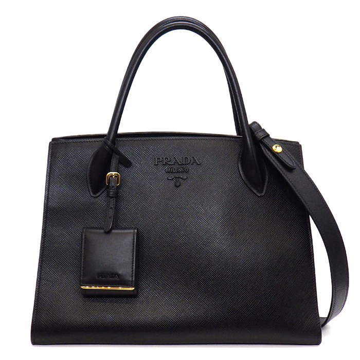 プラダ PRADA ハンドバッグ/ショルダーバッグ モノクローム ミディアム 1BA155 ネロ サフィアーノレザー ゴールド金具 【中古】