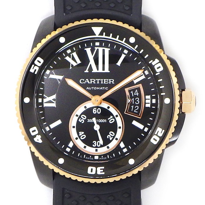 カルティエ Cartier 腕時計 カリブル ダイバー W2CA0004 ブラック文字盤 デイト クロノグラフ スモールセコンド 回転ベゼル ブラック ラバーベルト SS K18PG 自動巻き 【箱・保付き】 【中古】