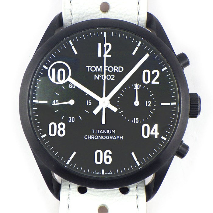 トムフォード TOM FORD 腕時計 N.002 TF0120256683 ブラック文字盤 デイト クロノグラフ スモールセコンド 裏スケ チタン ホワイト レザーベルト 自動巻き