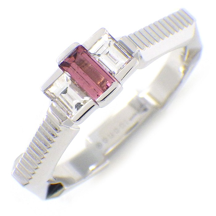 グッチ GUCCI ピンキーリング リンクトゥラブ 1ポイント バゲットカット ピンクトルマリン 2ポイント ダイヤモンド K18WG 6号 / #6 【中古】