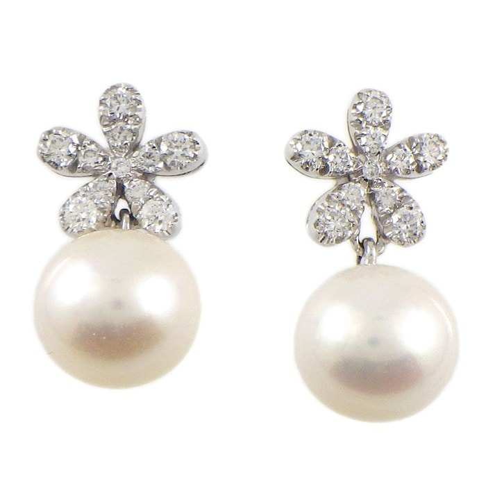 ポンテヴェキオ Ponte Vecchio ピアス フラワーモチーフ パール 8.6mm珠 ダイヤモンド 0.19ct / 0.19ct K18WG 【中古】