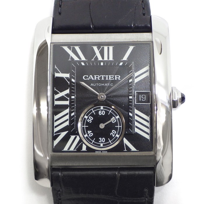 カルティエ Cartier 腕時計 タンクMC W5330004 デイト スモールセコンド 裏スケ レクタンギュラー ブラックギョーシェ文字盤 SS ブラック アリゲーターレザーベルト 自動巻き 【箱・保付き】 【中古】