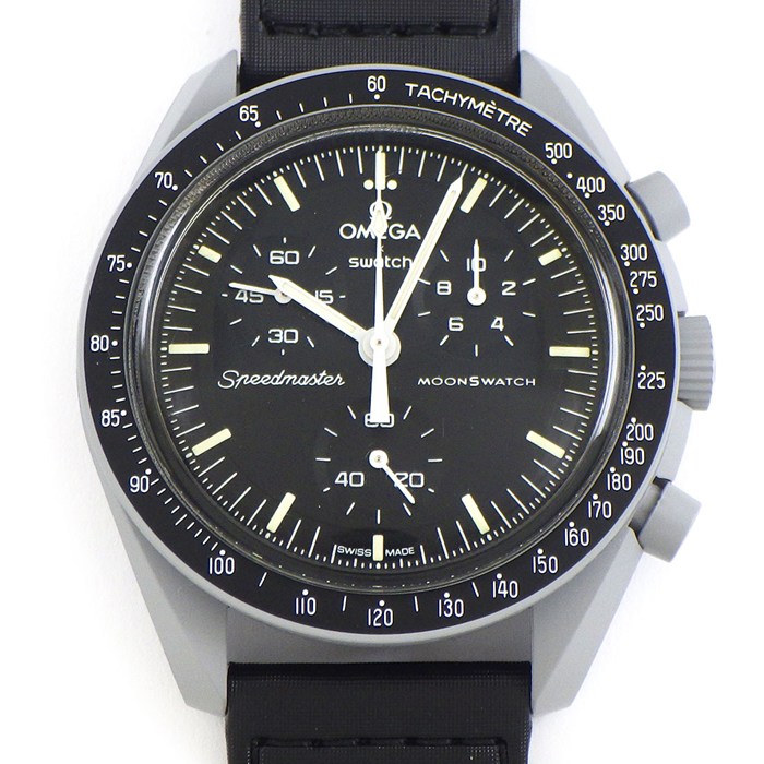 スウォッチ×オメガ Swatch×OMEGA 腕時計 スピードマスター ミッショントゥザムーン S033M100 ブラック文字盤 スチールグレー バイオセラミック ナイロンベルト クオーツアナログ 【箱・保付き】 【中古】