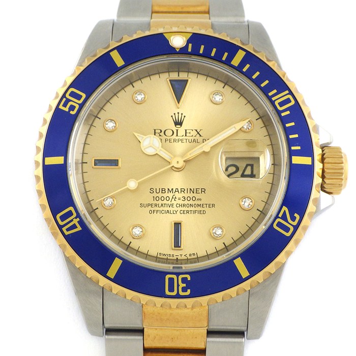 ロレックス Rolex 腕時計 サブマリーナー デイト 16613SG U番 1997年製 ダイヤモンド/サファイアインデックス サンレイ シャンパンカラー文字盤 ブルー回転ベゼル K18YG SS 自動巻き 【箱・保付き】 【中古】