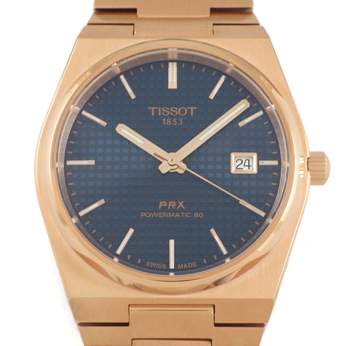 ティソ TISSOT 腕時計 PRX T137.407.33.041.00 デイト 裏スケ 夜光インデックス 夜光針 ブルー文字盤 SS ローズゴールドPVD 自動巻き 【箱・保付き】 【中古】