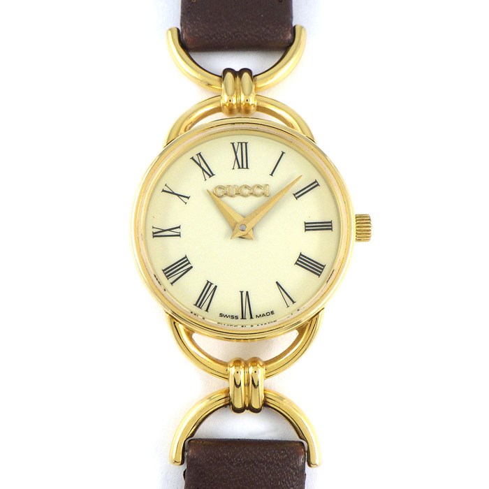 グッチ GUCCI 腕時計 ラウンド 6000.2L アイボリー文字盤 ローマンインデックス ブラウン 牛革ベルト GP クオーツアナログ 【中古】