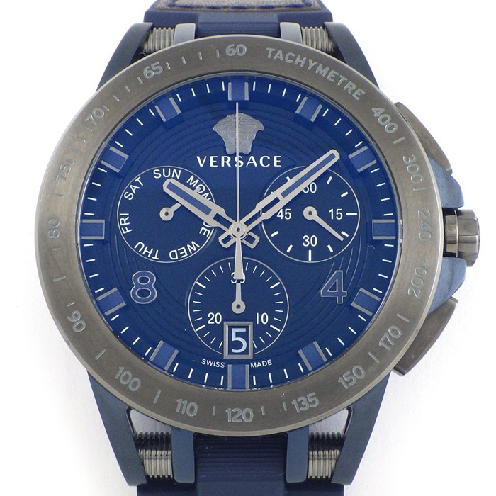 ヴェルサーチェ VERSACE 腕時計 スポーツテック VERB00218 ブルー文字盤 デイト クロノグラフ スモールセコンド ラバー / 牛革ベルト SS クオーツアナログ 【中古】