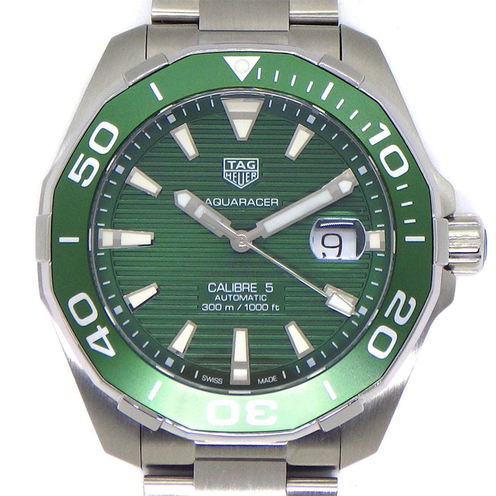 タグ・ホイヤー TAG Heuer 腕時計 アクアレーサー WAY201S.BA0927 キャリバー5 デイト 回転ベゼル 夜光インデックス 夜光針 ストライプ グリーン文字盤 SS 自動巻き 【中古】