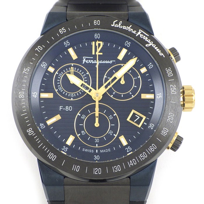 サルヴァトーレ・フェラガモ Salvatore Ferragamo 腕時計 F-80 SFDL00218 ブルー文字盤 デイト クロノグラフ スモールセコンド ラバーベルト SS クオーツアナログ 【中古】