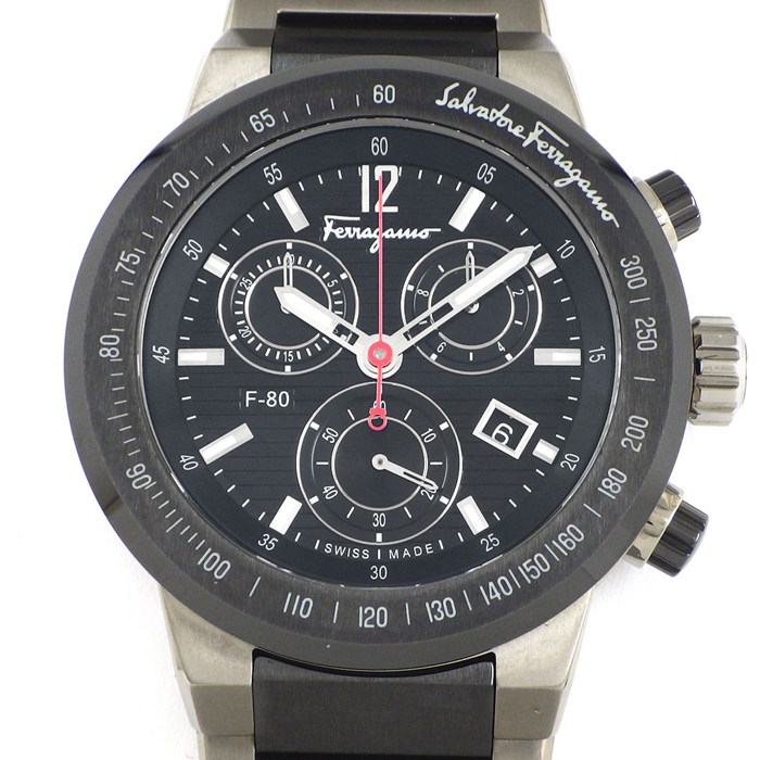 フェラガモ FERRAGAMO/サルヴァトーレ・フェラガモ Salvatore Ferragamo 腕時計 F-80 F55030014 デイト クロノグラフ スモールセコンド ストライプ ブラック文字盤 チタン セラミック SS クオーツアナログ 【中古】