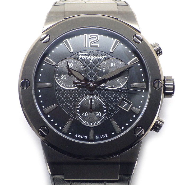 サルヴァトーレ・フェラガモ Salvatore Ferragamo 腕時計 F-80 FIJ030017 ブラック文字盤 デイト クロノグラフ スモールセコンド ラバー/牛革ベルト SS クオーツアナログ 【中古】