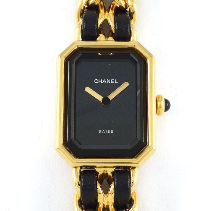 シャネル CHANEL 腕時計 プルミエール XL H0001 オクタゴナル ブラック文字盤 チェーンブレス GP ブラックレザー クオーツアナログ 【中古】