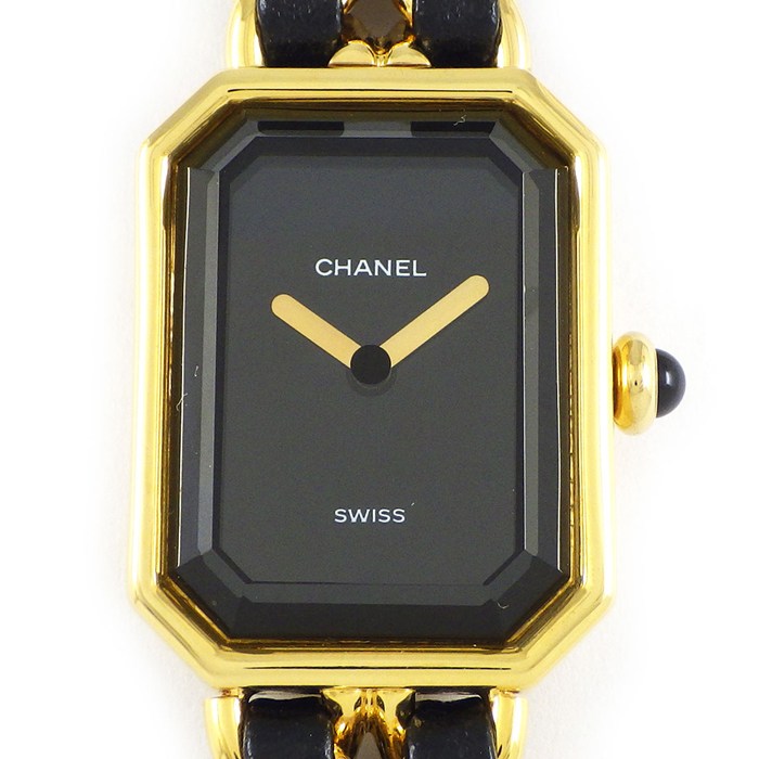 シャネル CHANEL 腕時計 プルミエール L H0001 オクタゴナル ブラック文字盤 チェーンブレス ブラック レザーベルト GP クオーツアナログ 【中古】