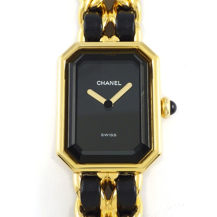 シャネル CHANEL 腕時計 プルミエール L H0001 オクタゴナル ブラック文字盤 チェーンブレス GP ブラックレザー クオーツアナログ 【中古】