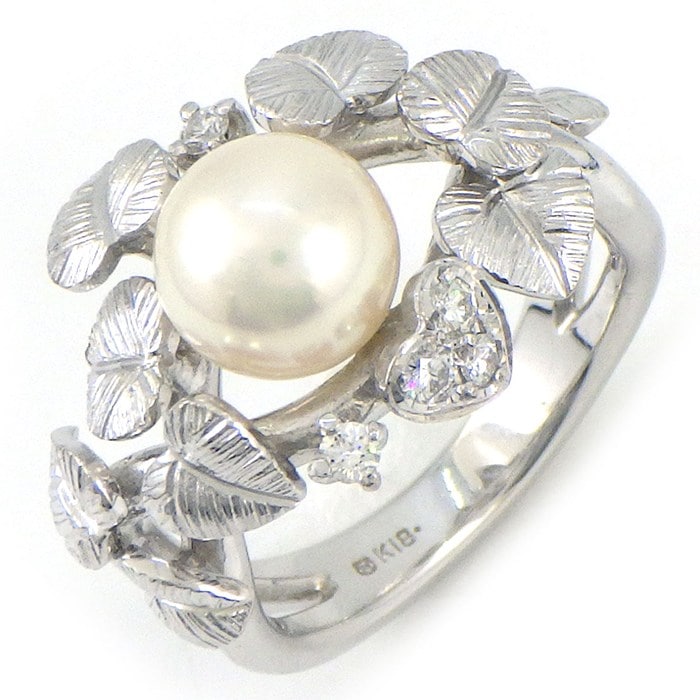 ミキモト MIKIMOTO リング リーフモチーフ アコヤ真珠 7.5mm珠 ダイヤモンド K18WG 11号 【中古】