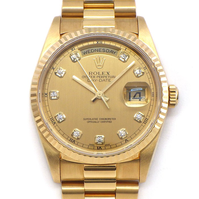 ロレックス Rolex 腕時計 デイデイト 18238A W番 金無垢 10ポイント ダイヤインデックス サテン仕上げ ゴールド文字盤 K18YG 自動巻き 【箱・保付き】 【中古】