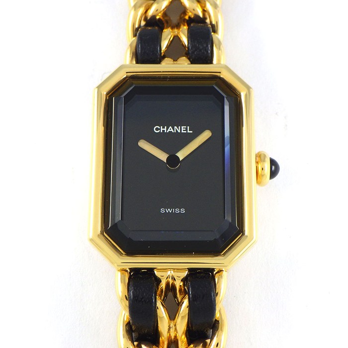 シャネル CHANEL 腕時計 プルミエール L H0001 オクタゴナル ブラック文字盤 チェーンブレス GP ブラックレザー クオーツアナログ 【中古】