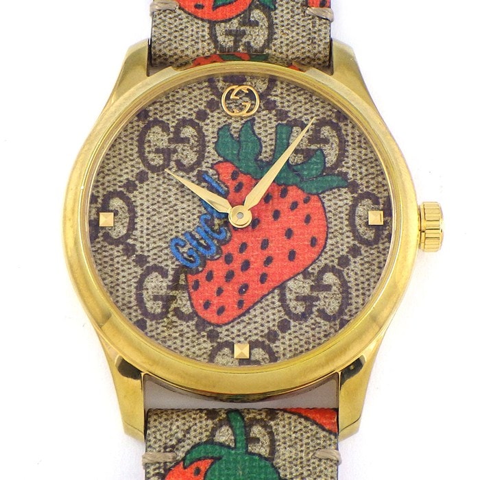 グッチ GUCCI 腕時計 Gタイムレス 126.4 ベージュ GGスプリーム ストロベリー柄 ファブリック文字盤 GP SS ファブリック/レザーベルト クオーツアナログ 【中古】