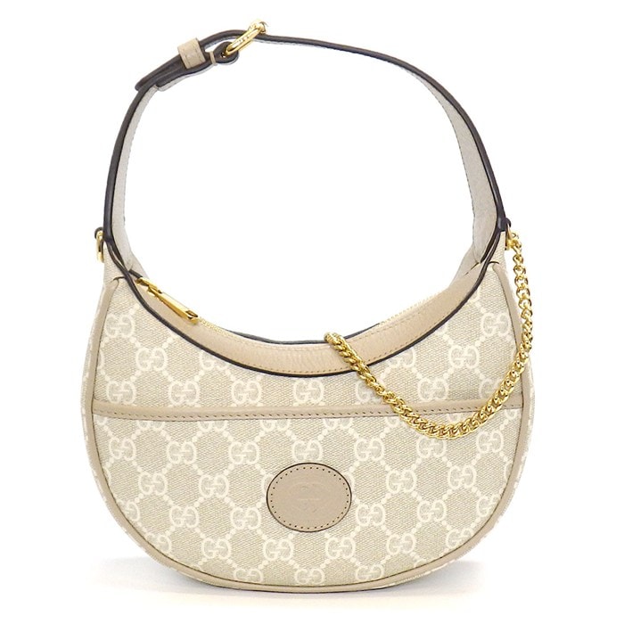 グッチ GUCCI ショルダーバッグ ハーフムーンシェイプ ミニバック 726843 ベージュ ホワイト GGスプリーム キャンバス レザー 【中古】