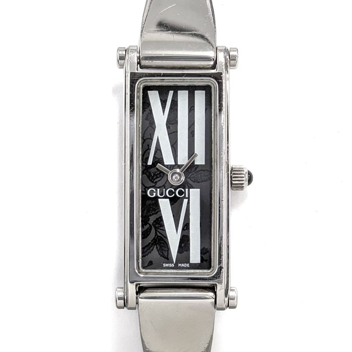 グッチ GUCCI 腕時計 バングルウォッチ 1500L レクタンギュラー 花柄 ローマンインデックス ブラック文字盤 SS クオーツアナログ 【中古】