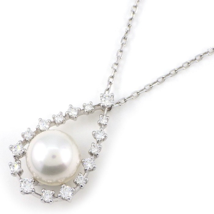 ミキモト MIKIMOTO ネックレス ドロップモチーフ 125周年記念 アジャスターMチャーム あこや真珠 9mm珠 ダイヤモンド K18WG 【中古】