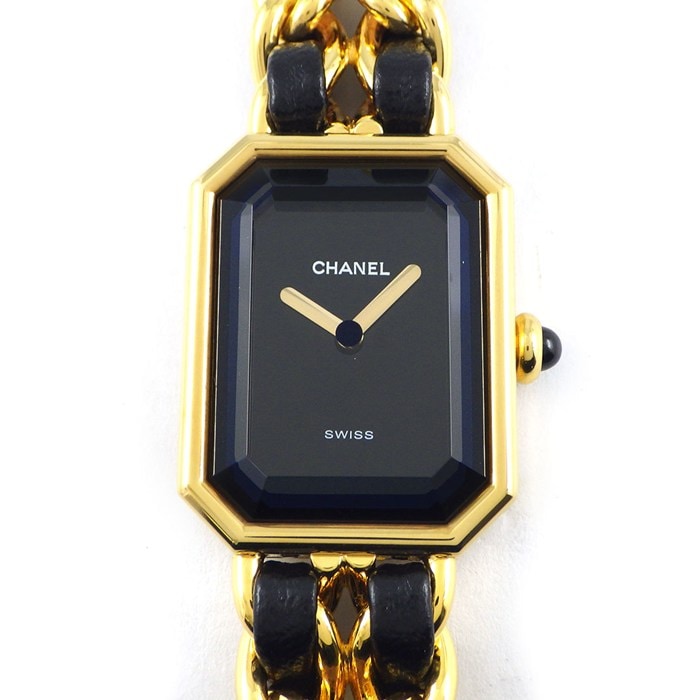 シャネル CHANEL 腕時計 プルミエール L H0001 オクタゴナル ブラック文字盤 チェーンブレス GP ブラックレザー クオーツアナログ 【中古】