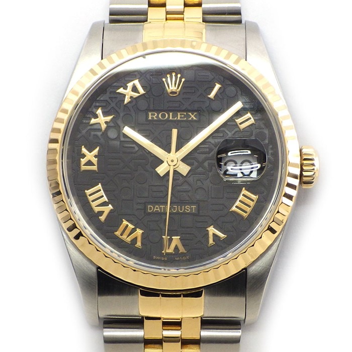 ロレックス Rolex 腕時計 デイトジャスト 16233 P番 2000年製 ブラック コンピューター文字盤 彫コン ローマンインデックス デイト K18YG SS 自動巻き 【中古】