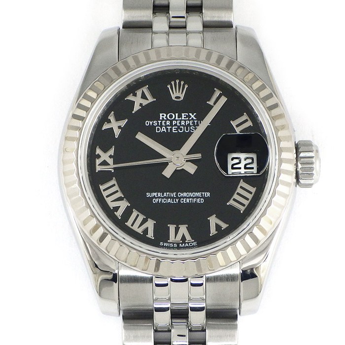 ロレックス Rolex 腕時計 デイトジャスト 179174 G番 2010年製 ブラック文字盤 ルーレット刻印 ローマンインデックス デイト K18WG SS 自動巻き 【OH済み】 【中古】