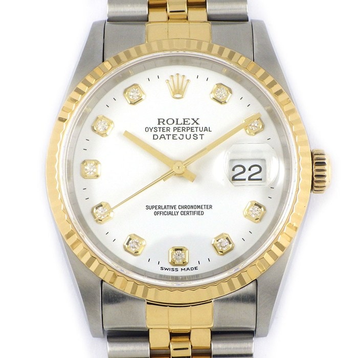 ロレックス Rolex 腕時計 デイトジャスト 16233G P番 2000年製 10ポイント ダイヤインデックス ホワイト文字盤 デイト K18YG SS 自動巻き 【箱・保付き】 【中古】