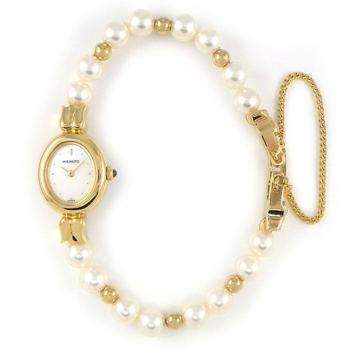 ミキモト MIKIMOTO 腕時計 パールブレスウォッチ 1E20-3041 オーバル ホワイトシェル文字盤 K18YG SS クオーツアナログ 【中古】