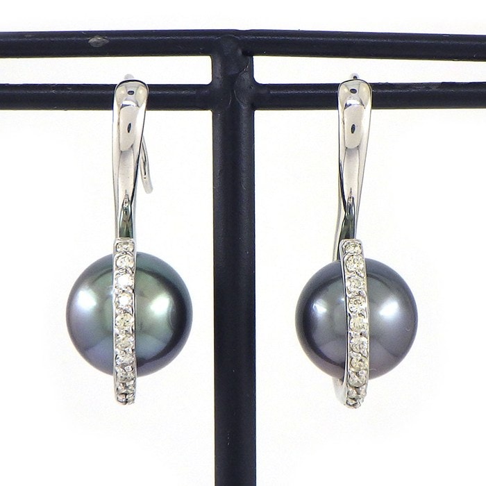【ブラックパール ダイヤモンド】 フックピアス ブラック パール 9.5/10mm珠 ダイヤモンド 0.12ct/0.12ct K18WG 【中古】