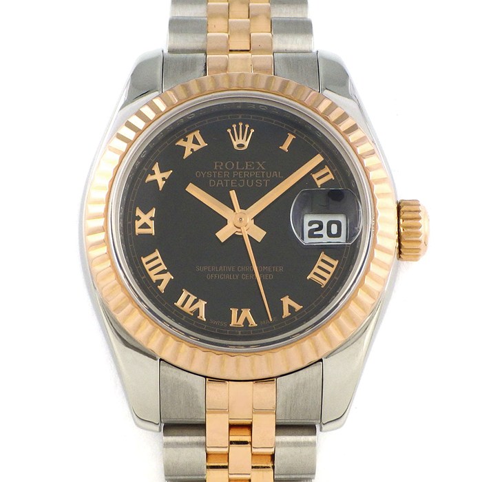 ロレックス Rolex 腕時計 デイトジャスト 179171 D番 ルーレット刻印 ローマンインデックス ブラック文字盤 フルーテッドベゼル ジュビリーブレス エバーローズゴールド SS 自動巻き 【箱・保付き】 【中古】