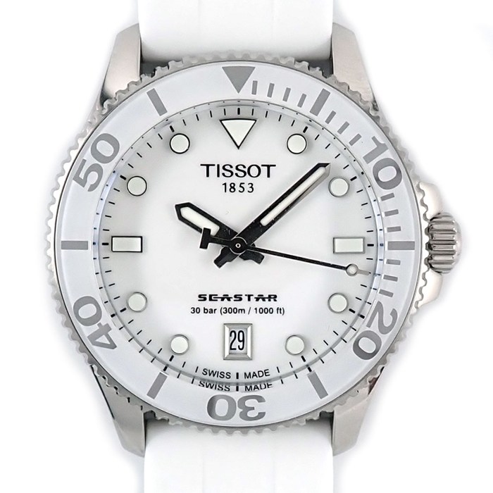 ティソ TISSOT 腕時計 シースター T120.210.11.011.00 ホワイト文字盤 デイト 夜光針・インデックス 回転ベゼル ラバーベルト SS クオーツアナログ 【箱・保付き】 【中古】