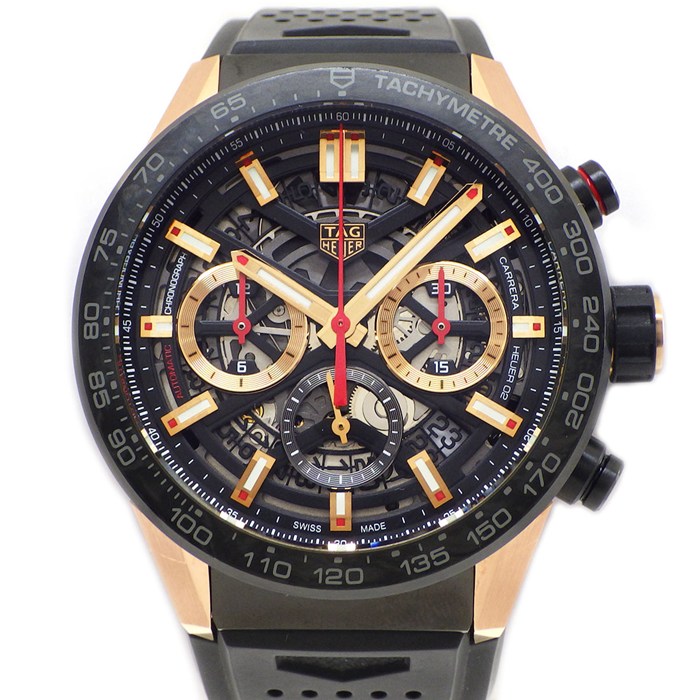 タグ・ホイヤー TAG Heuer 腕時計 カレラキャリバーホイヤー02 CBG2052.FT6143 世界350本限定モデル スケルトン ブラック文字盤 デイト クロノグラフ 裏スケ ラバーベルト SS K18PG 自動巻き 【箱・保付き】 【中古】