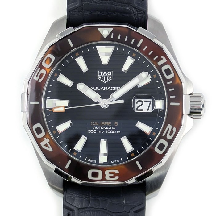 タグ・ホイヤー TAG Heuer 腕時計 アクアレーサー キャリバー5 WAY201N.FT6177 べっ甲ベゼル ブラック文字盤 デイト アリゲーターレザー/ラバーベルト SS 自動巻き 【箱・保付き】 【中古】