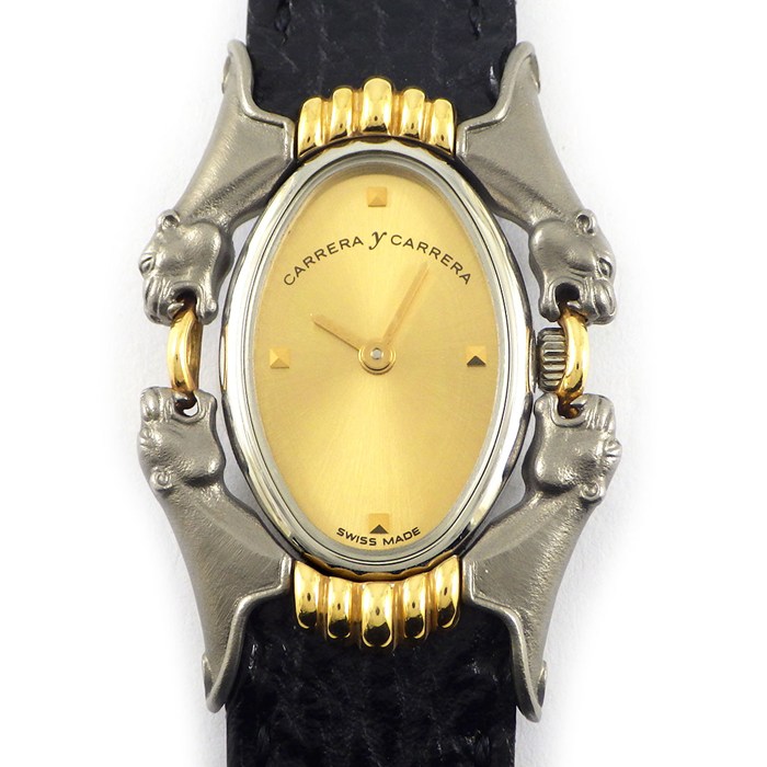 カレライカレラ Carrera y Carrera 腕時計 カバロス 131 パンサー オーバル サンレイ ゴールド文字盤 SS GP レザーベルト クオーツアナログ 【中古】