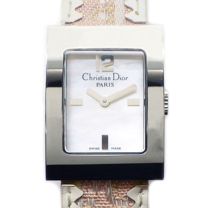 クリスチャンディオール Christian Dior 腕時計 マリス D78-109 スクエア ホワイトシェル文字盤 パールチェーン Dロゴ ピンク レザーベルト SS クオーツアナログ 【箱・保付き】 【中古】
