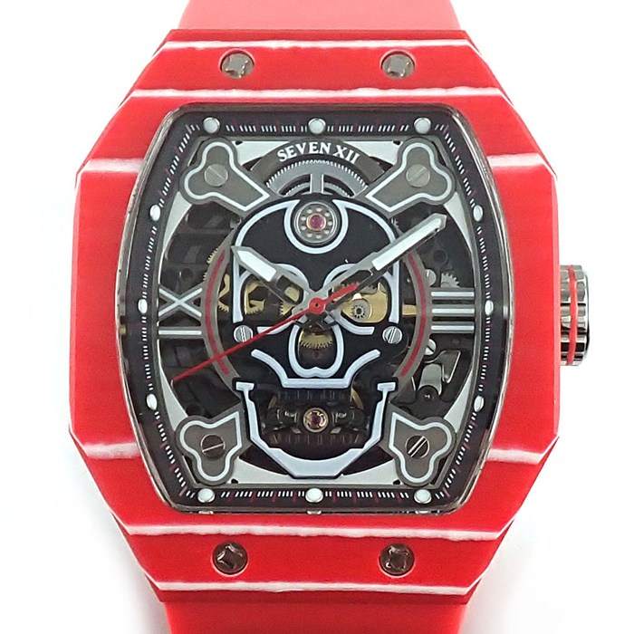 セブン・トゥエルブ SEVEN XII 腕時計 B0CJ6C8BZS 夜光インデックス 夜光針 トノー スカル スケルトン文字盤 炭素繊維 SS レッド ラバーベルト 自動巻き