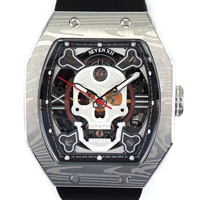 セブン・トゥエルブ SEVEN XII 腕時計 B0CPJ1BX3J 裏スケ 夜光インデックス 夜光針 トノー スカル スケルトン文字盤 SS ブラック ラバーベルト 自動巻き