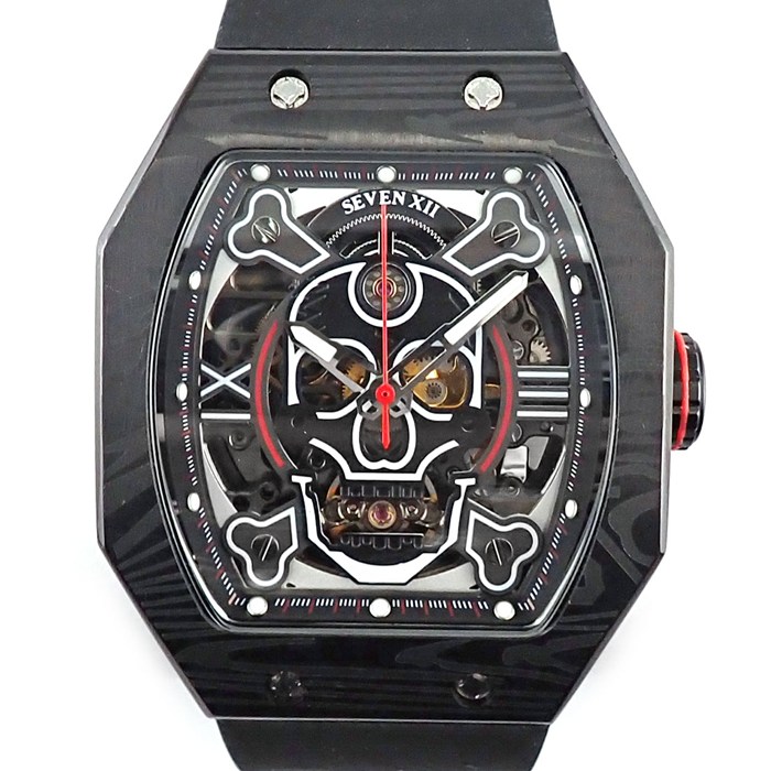 セブン・トゥエルブ SEVEN XII 腕時計 裏スケ 夜光インデックス 夜光針 スケルトン文字盤 SS ブラック ラバーベルト 自動巻き