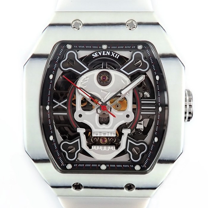 セブン・トゥエルブ SEVEN XII 腕時計 裏スケ 夜光インデックス 夜光針 スケルトン文字盤 SS 炭素繊維 ホワイト ラバーベルト 自動巻き