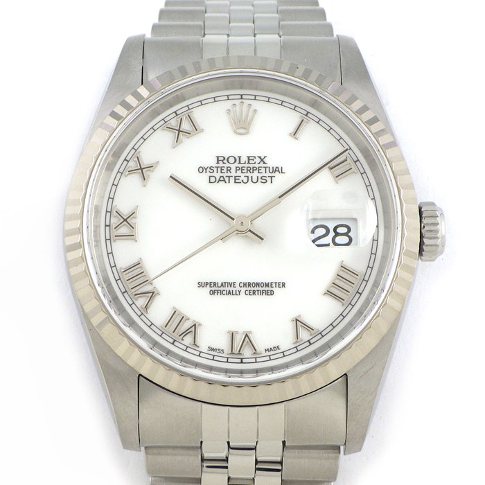 ロレックス Rolex 腕時計 デイトジャスト 16234 A番 1998年-1999年製 ローマンインデックス ホワイト文字盤 フルーテッドベゼル ジュビリーブレス K18WG SS 自動巻き 【中古】