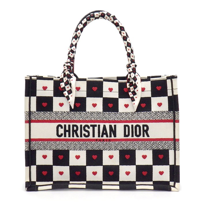 ディオール Dior トートバッグ ブックトート ミディアム ミッツァスカーフ付 M1296ZRLA-M884 ホワイト ブラック レッド D-チェスハート エンブロイダリー 【中古】