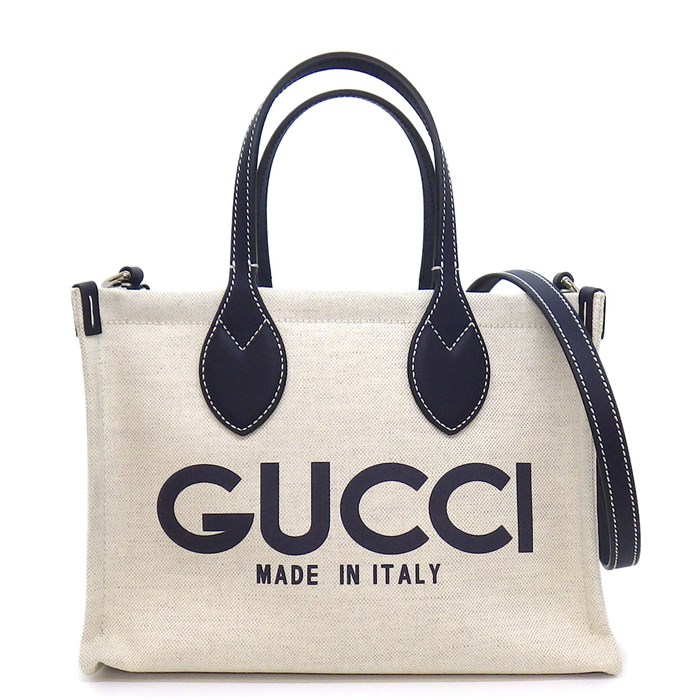 グッチ GUCCI ハンドバッグ GUCCIプリント スモール トートバッグ 772144 ベージュ コットンリネンキャンバス ネイビー レザー 【中古】