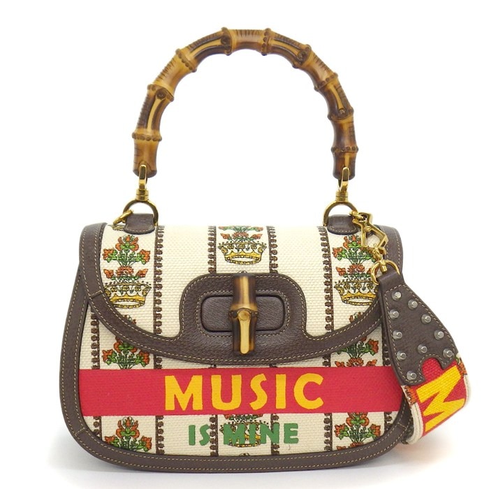 グッチ GUCCI ハンドバッグ バンブーバッグ 100周年記念モデル 681173 ベージュ キャンバス ブラウン レザー ゴールド金具 【中古】