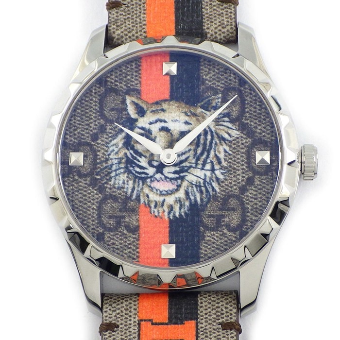 グッチ GUCCI 腕時計 Gタイムレス 126.4 タイガー ベージュ GGスプリーム ファブリック文字盤 ファブリック/レザーベルト SS クオーツアナログ 【中古】