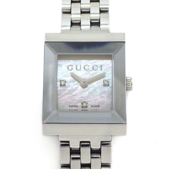 グッチ GUCCI 腕時計 Gフレーム 128.4 3ポイント ダイヤインデックス スクエア ホワイトシェル文字盤 SS クオーツアナログ 【中古】