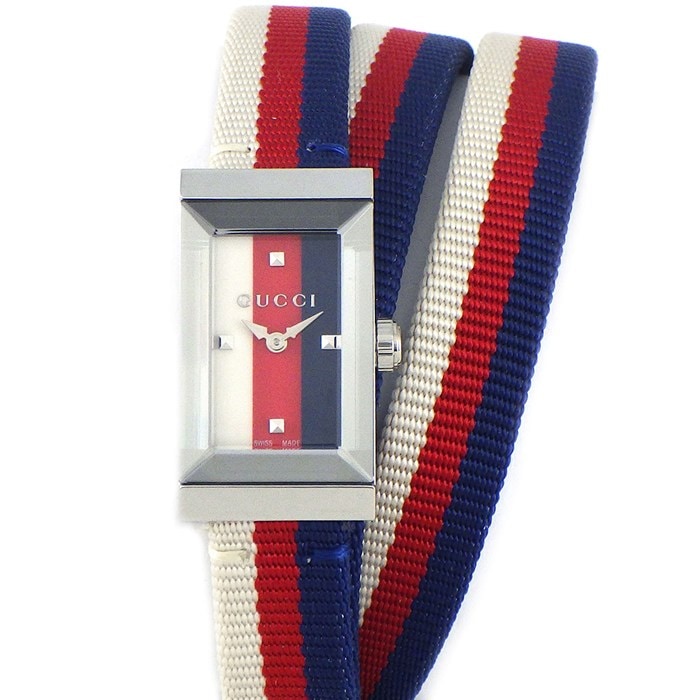 グッチ GUCCI 腕時計 Gフレーム 147.5/YA147508 レクタンギュラー ホワイト/レッド/ネイビー文字盤 ロング ナイロンベルト SS クオーツアナログ 【中古】